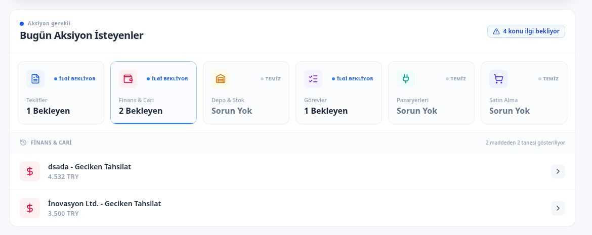 Finans genel bakış ve cari hesaplar için TeamQuote ekran görüntüsü