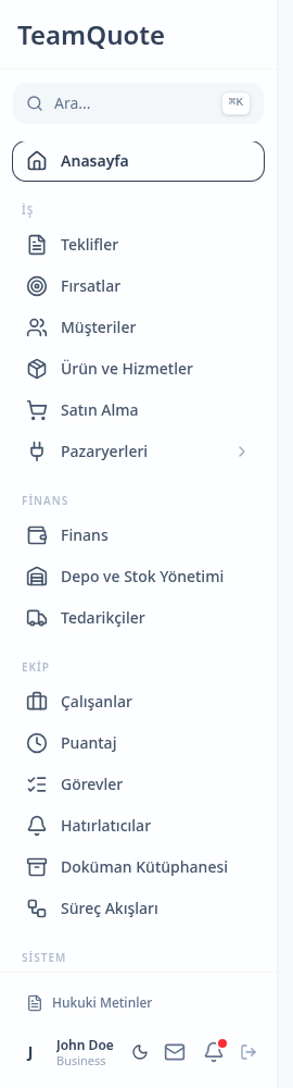 Sol menü ve mobil gezinme için TeamQuote ekran görüntüsü